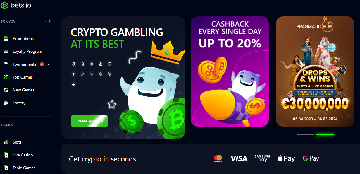 bets.io casino design and interface